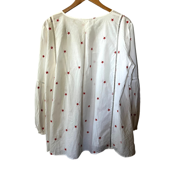 Unbranded Blouse Tunic Balloon Sleeve White Red Star Print Tassel Tie Boho L - Picture 5 of 6